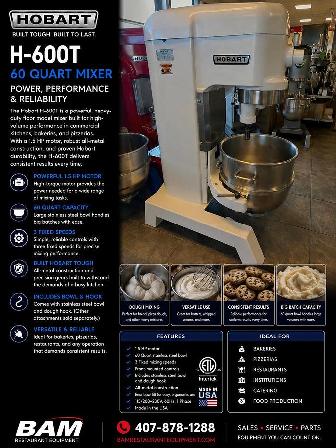 Used Hobart H-600T 60 Qt MixerHobart H-600T 60 Qt Mixer