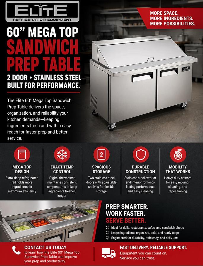 Elite Stainless Steel 2 Door 60" Mega Top Sandwich Prep Table on Castors