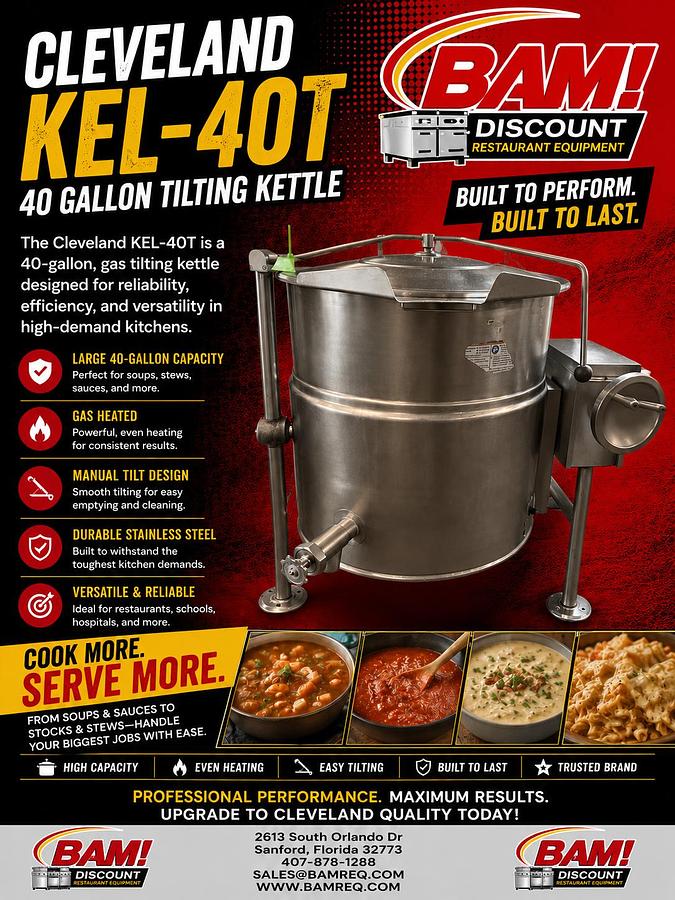 Used Cleveland KEL-40T Tilting Steam Jacketed Kettle – 40 Gallon – Commercial Restaurant Kettle