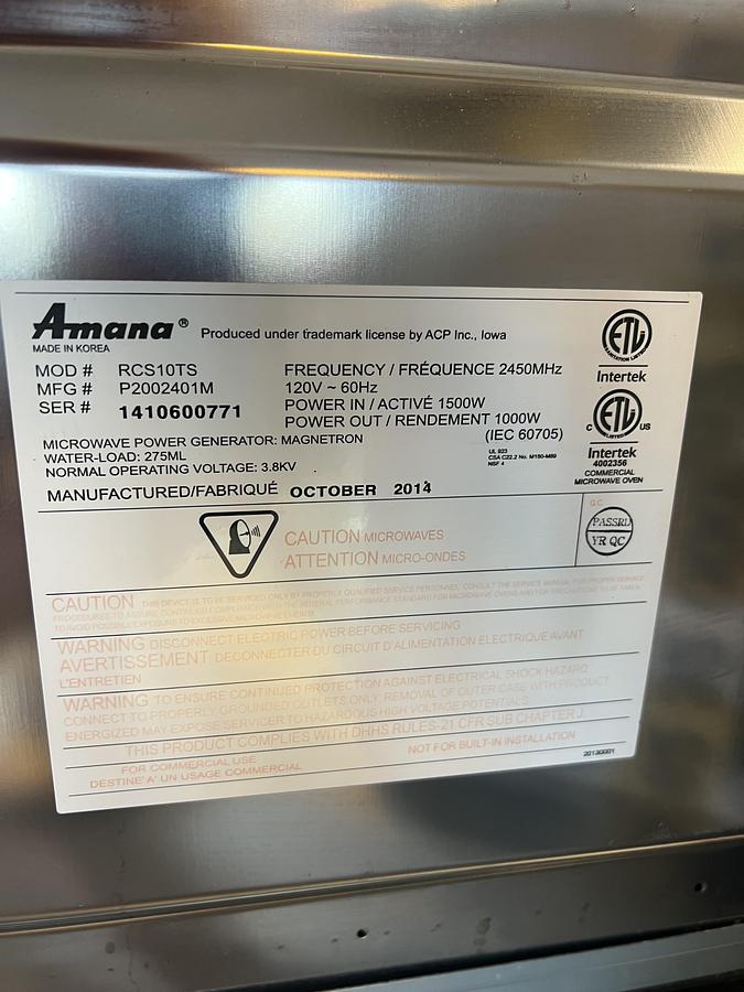 Used Amana Commercial Microwave Oven – Heavy-Duty Countertop Microwave – Programmable Controls – Stainless Steel
