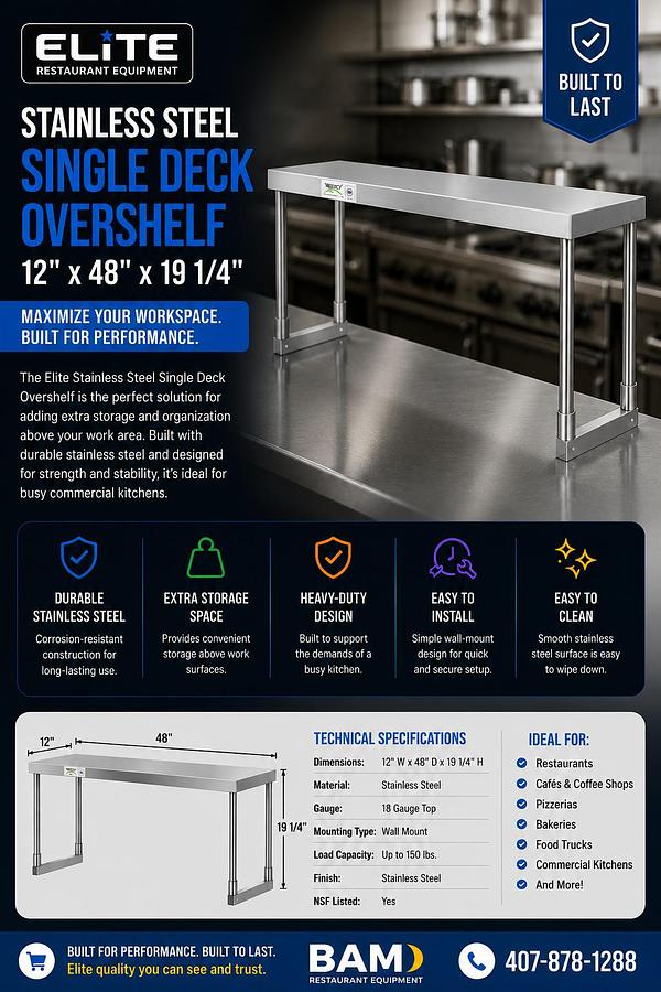 Elite Stainless Steel Single Deck Overshelf - 12" x 48" x 19 1/4"