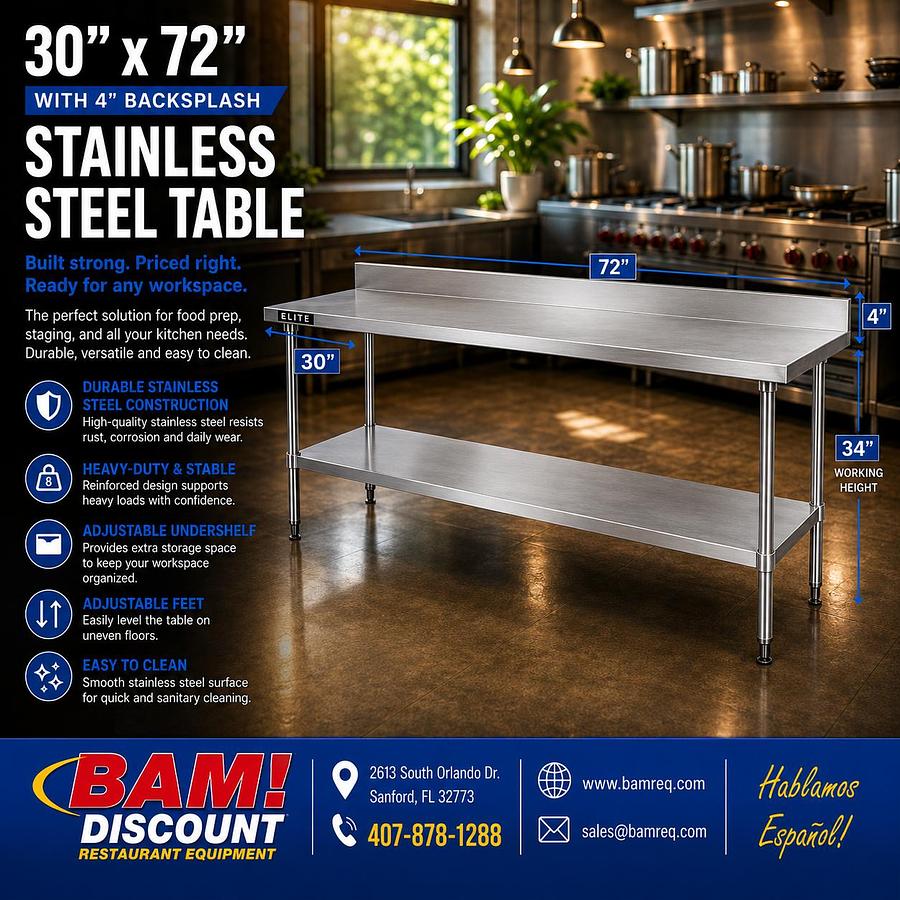 30”X 72” 4" Backsplash Stainless Steel Table