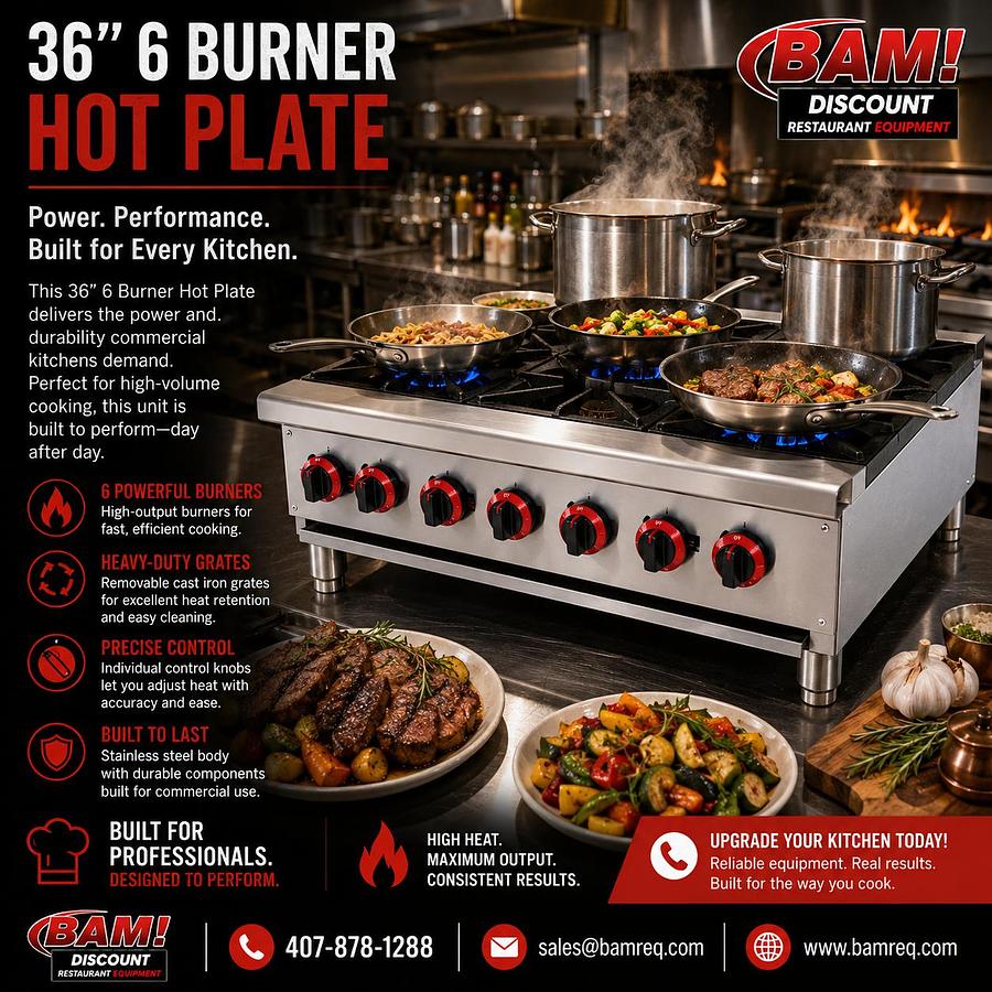 ELITE HS-6 Heavy Duty Stainless Steel 36" Six Burner Hot Plate