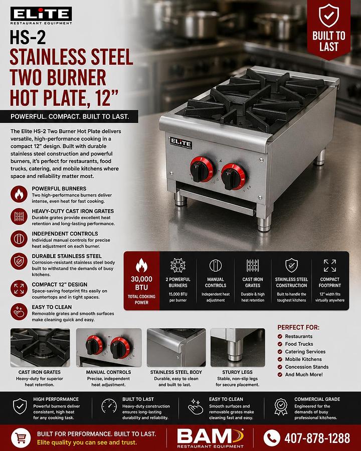 ELITE HS-2 Stainless Steel Two Burner Hot Plate, 12"