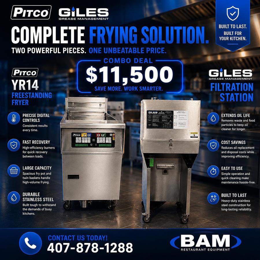 Used Pitco YR14 Commercial Gas Fryer with Giles Grease Filtration Station – Complete Frying System