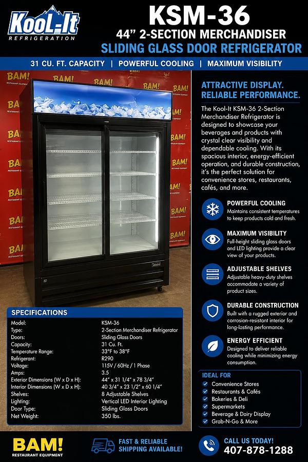 Used Kool-It KSM-36 44” 2-Section Merchandiser Refrigerator with Sliding Glass Door, 31 cu. ft.Kool-It KSM-36 44” 2-Section Merchandiser Refrigerator with Sliding Glass Door, 31 cu. ft.