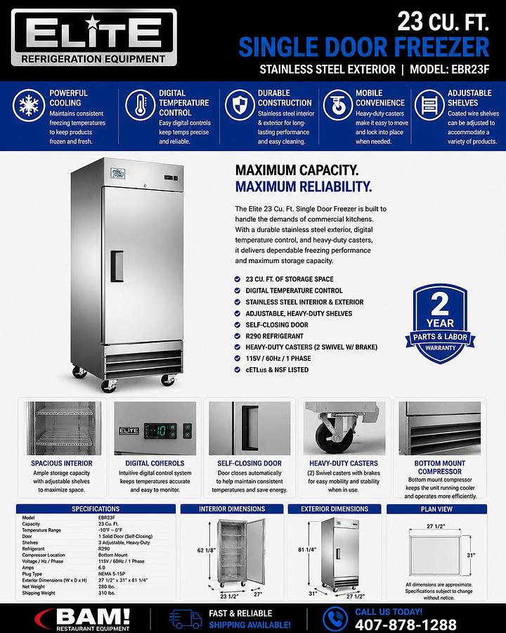 Elite Stainless Steel Single Door Freezer on Castors