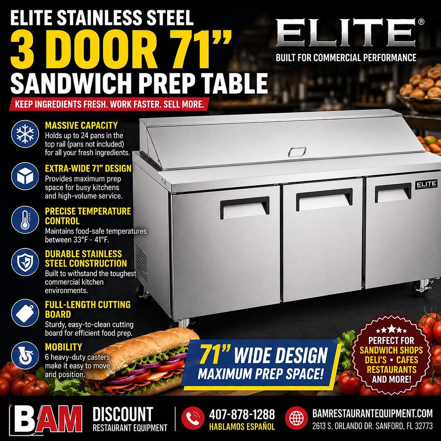 Elite Stainless Steel 3 Door Sandwich Prep Table on Castors
