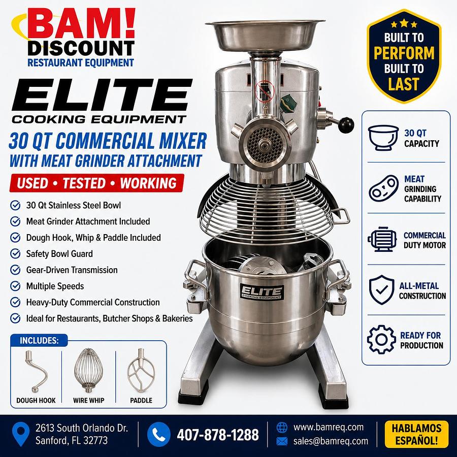 Used ELITE 30 QT COMMERCIAL MIXER WITH MEAT GRINDER ATTACHMENT