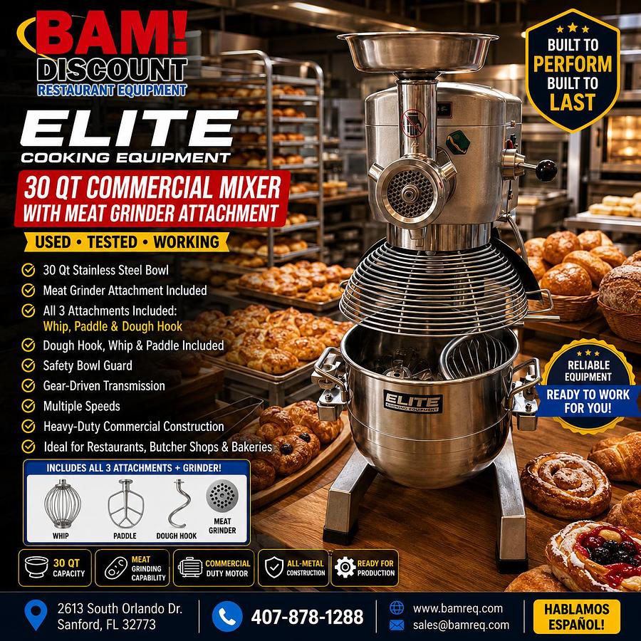 Used ELITE 30 QT COMMERCIAL MIXER WITH MEAT GRINDER ATTACHMENT