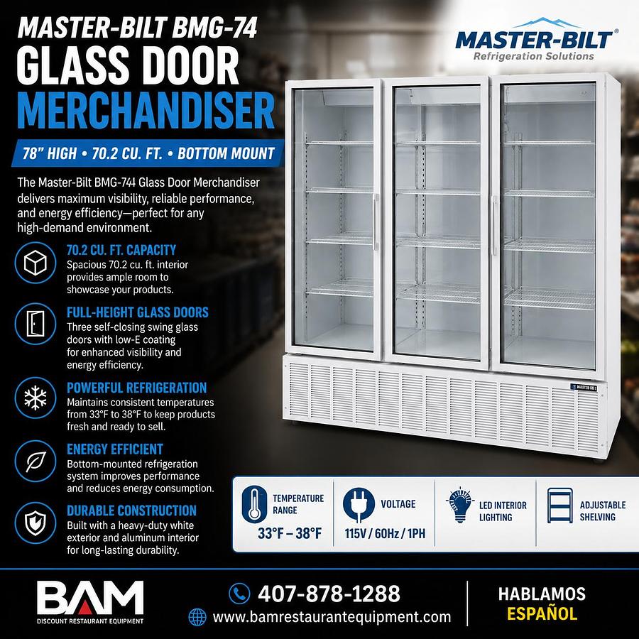 Used Master-Bilt BMG-74 White Bottom Mounted Full-Height Swing Glass Door Refrigerated Merchandiser 78” 70.2 Cu. Ft.Master-Bilt BMG-74 White Bottom Mounted Full-Height Swing Glass Door Refrigerated Merchandiser 78” 70.2 Cu. Ft.