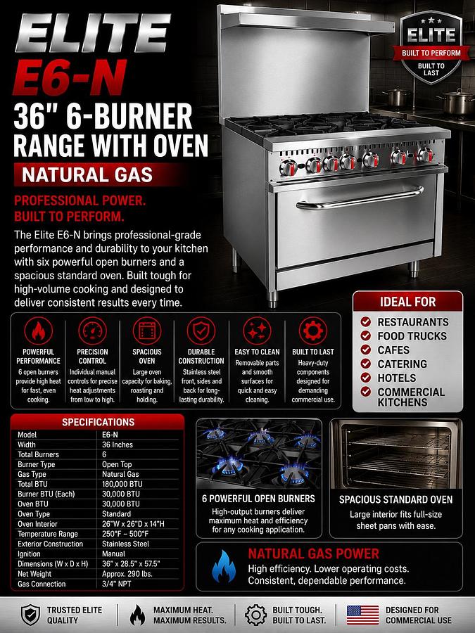 ELITE E6-N 36" 6-Burner Range with Oven | Natural Gas