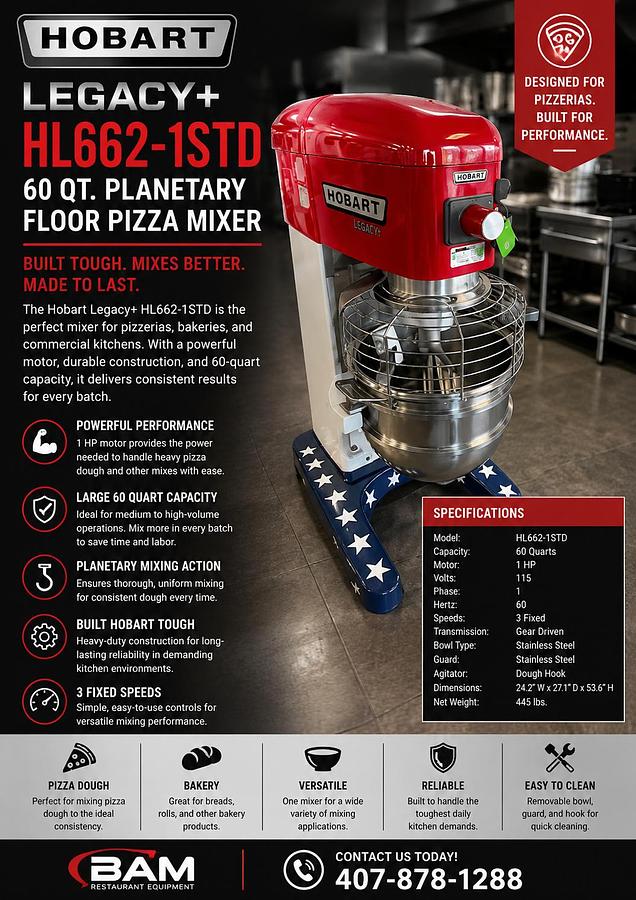 Used Hobart Legacy+ HL662-1STD 60 Qt. Planetary Floor Pizza MixerHobart Legacy+ HL662-1STD 60 Qt. Planetary Floor Pizza Mixer