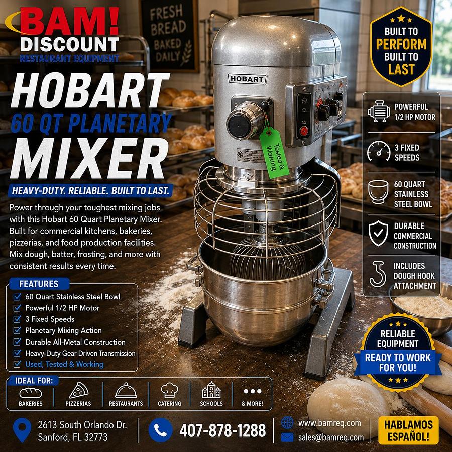 Used Hobart 60 Qt Commercial Planetary Mixer w/ Bowl, Attachments & Guard