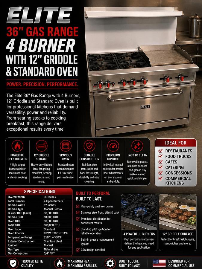 Elite Gas 4 Burner 36" Range with 12" Griddle and Standard Oven