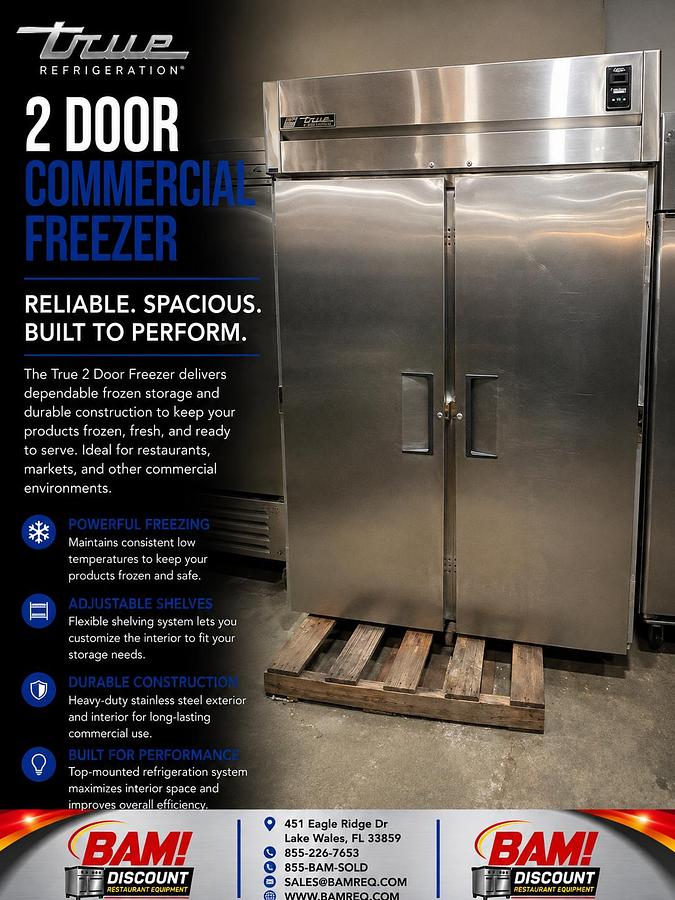 Refurbished True 2 Door Commercial Reach-In Freezer Stainless Steel Restaurant Freezer