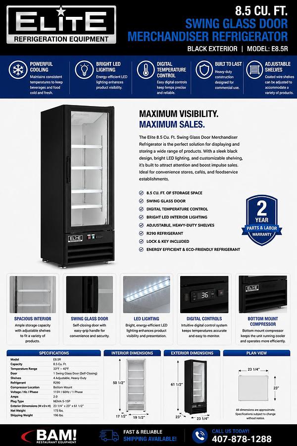 Elite 8.5Cu.Ft Black Customizable Swing Glass Door Merchandiser Refrigerator with LED Lighting
