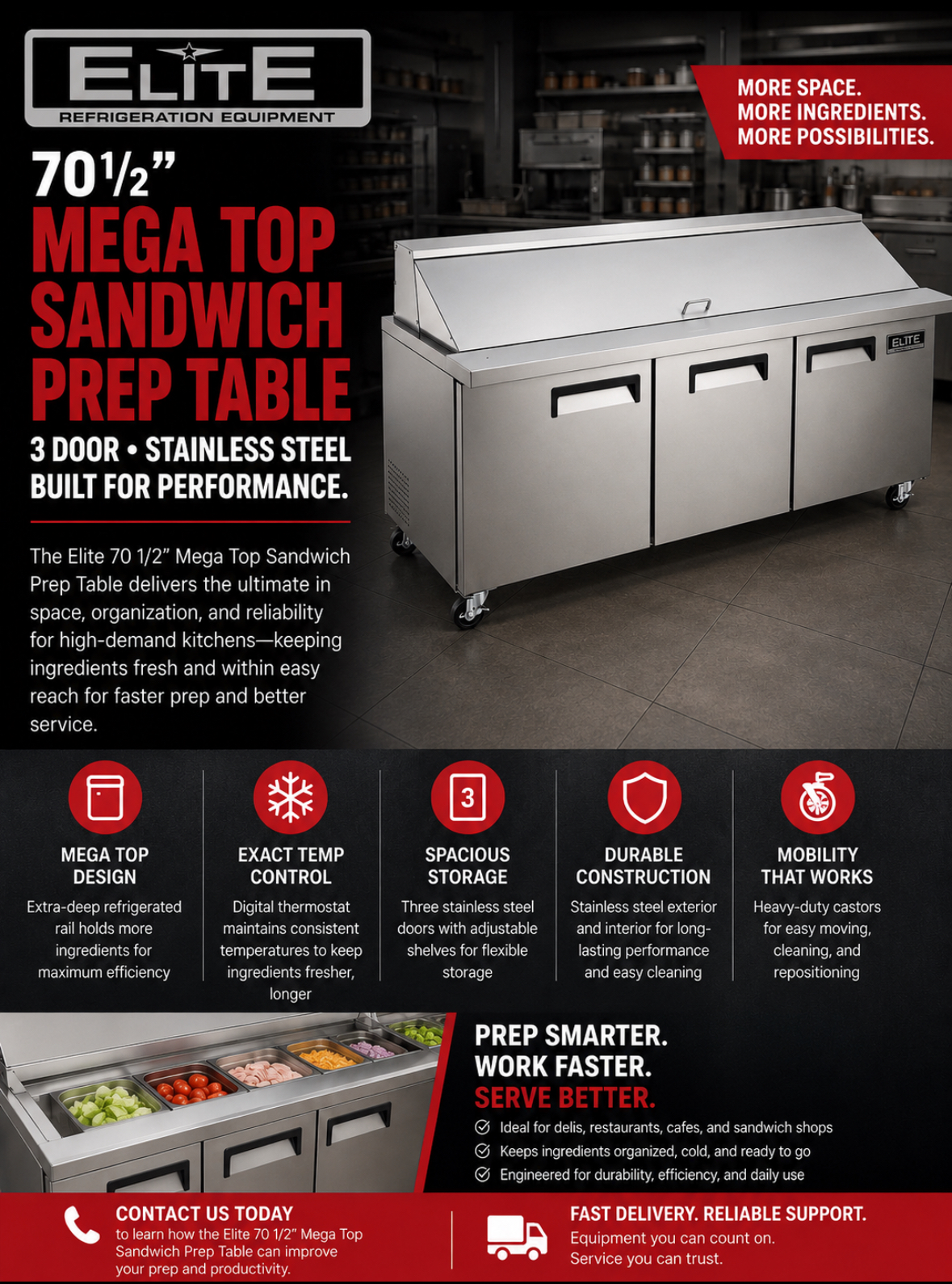 Elite Stainless Steel 3 Door Sandwich Prep Table on Castors