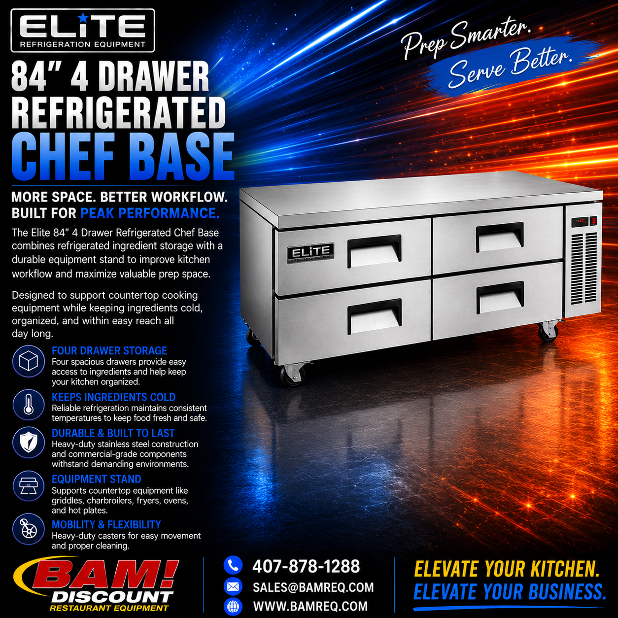 Elite 84″ 4 Drawer Refrigerated Chef Base