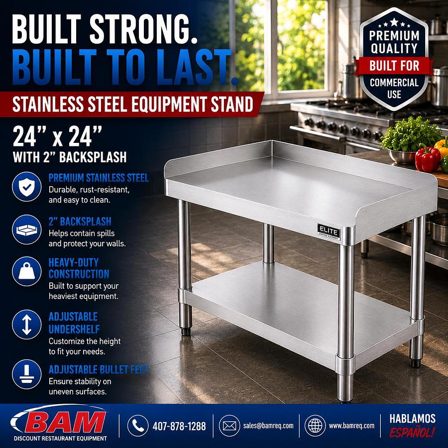 24"x 24" Stainless Steel Equipment Stand with Galvanized Undershelf 2" Backsplash