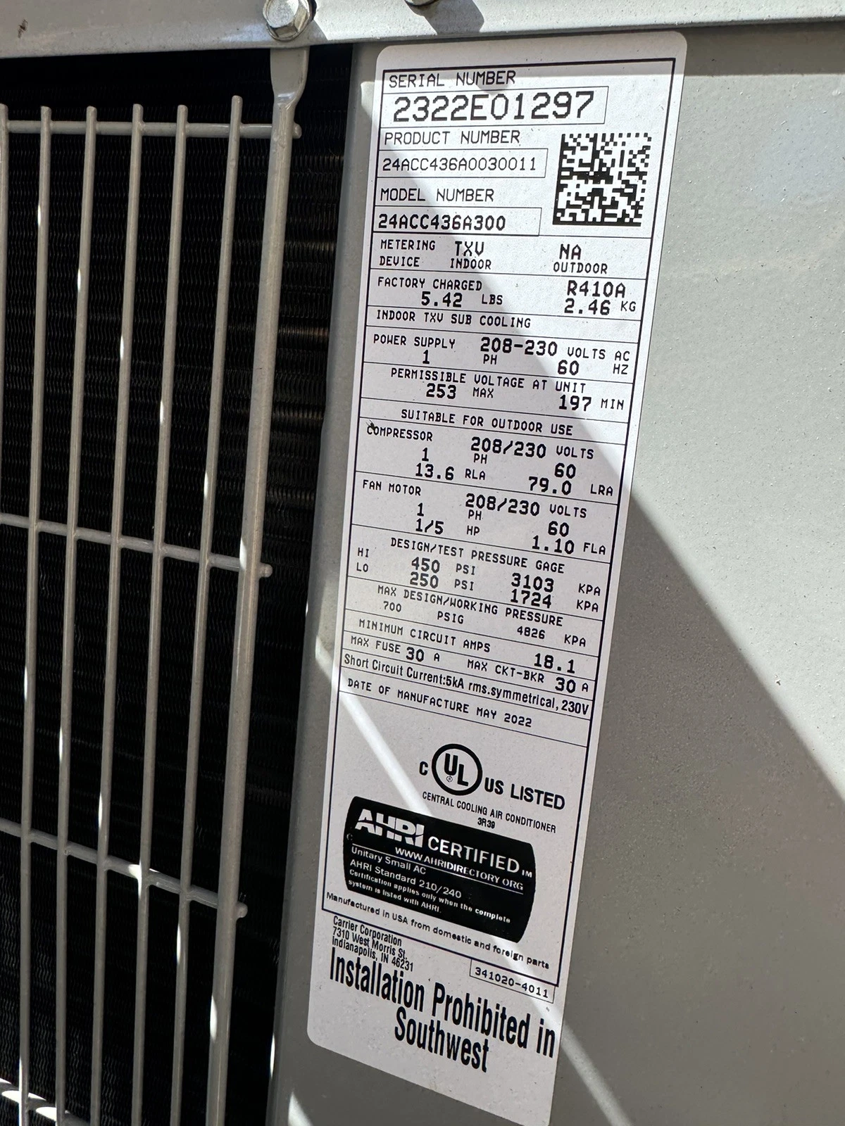 New Captive Aire Make Up Air Unit - With A/C Unit- 220v 1 Phase- 1350CFM