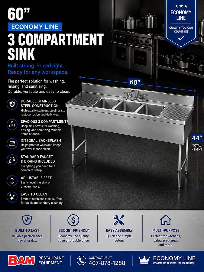 60" 3 Compartment Sink