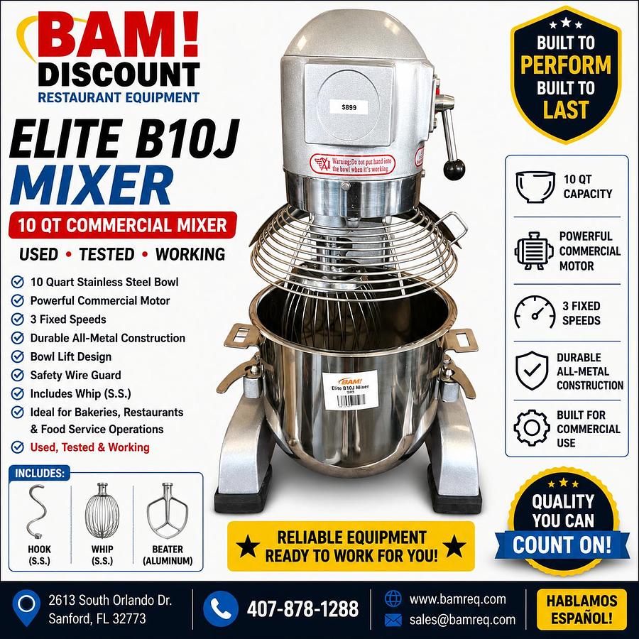 Used Elite B10J 10 Qt Commercial Planetary Mixer w/ Bowl, Hook, Whip & Paddle