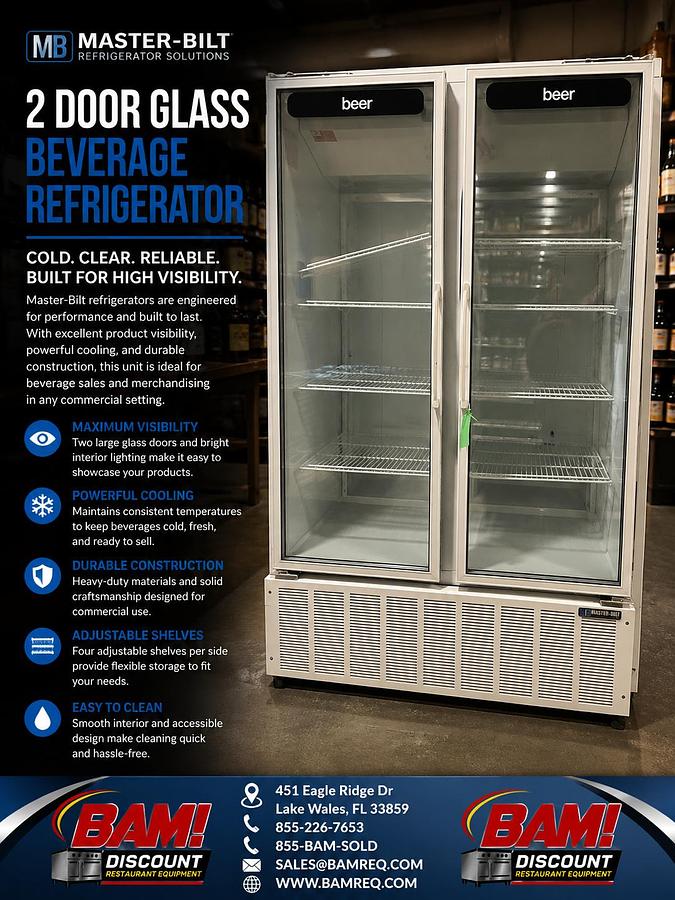 Refurbished Master-Bilt 2 Door Glass Merchandiser Refrigerator Commercial Display Cooler