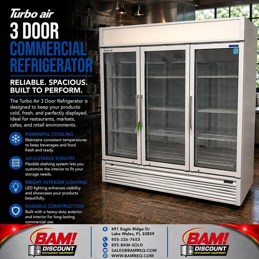 Refurbished Turbo Air 3 Door Glass Merchandiser Commercial Refrigerator Reach-In Cooler