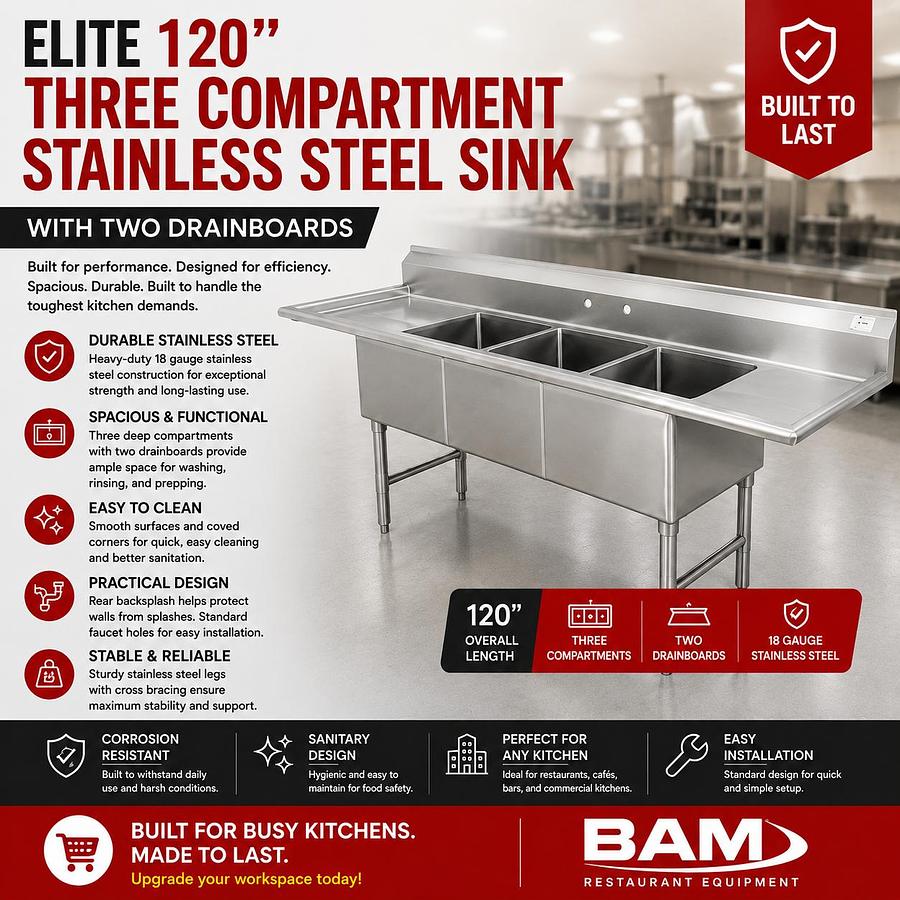 Elite 120” Three Compartment Stainless Steel Sink With Two Drainboards