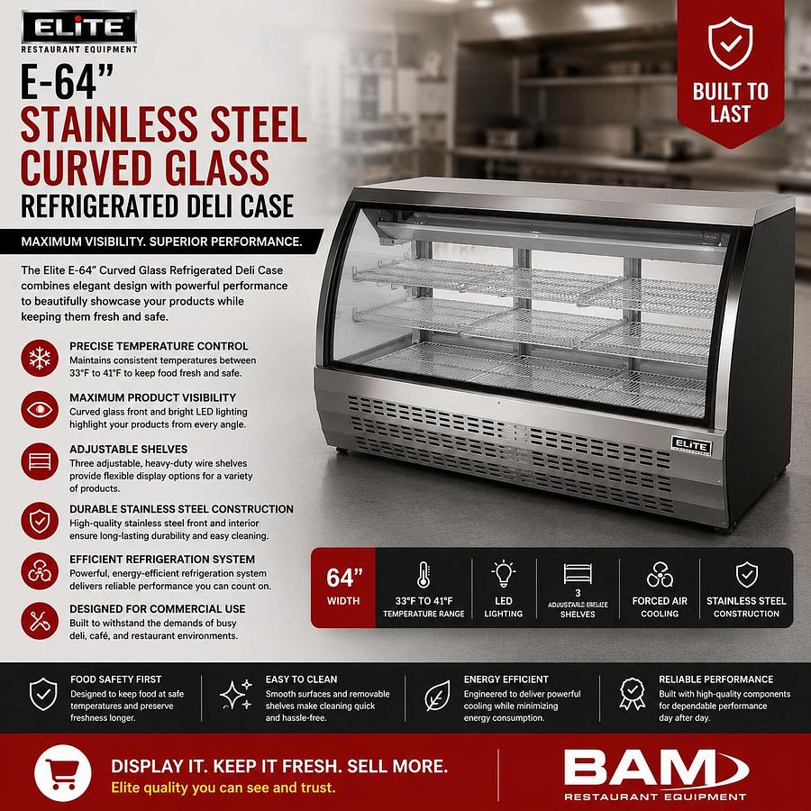 Elite - E- 64" Stainless Steal Curved Glass Refrigerated Deli Case