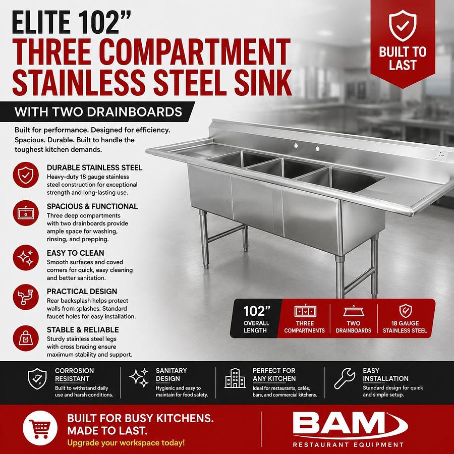 Elite 102” Three Compartment Stainless Steel Sink With Two Drainboards