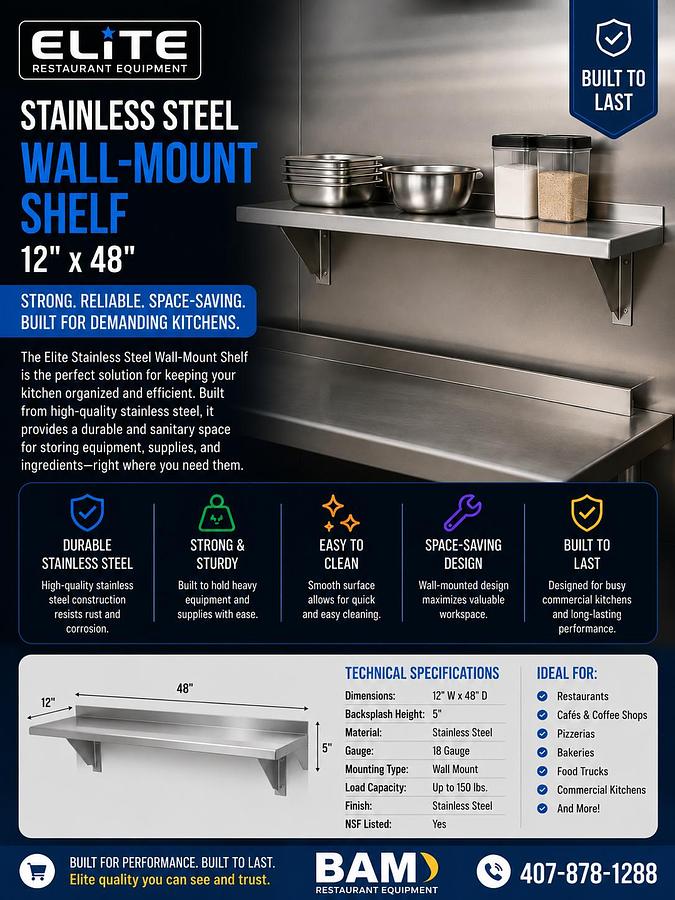 Elite Stainless Steel Wall-Mount Shelf 12x48''