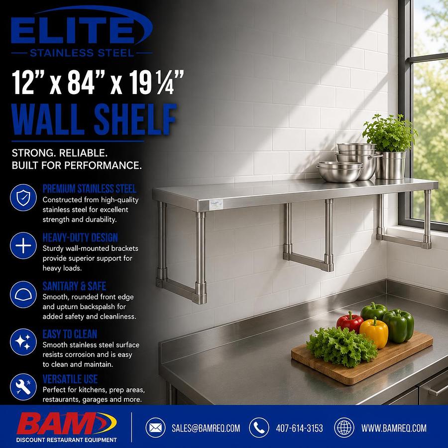 Elite Stainless Steel Single Deck Overshelf - 12" x 84" x 19 1/4"