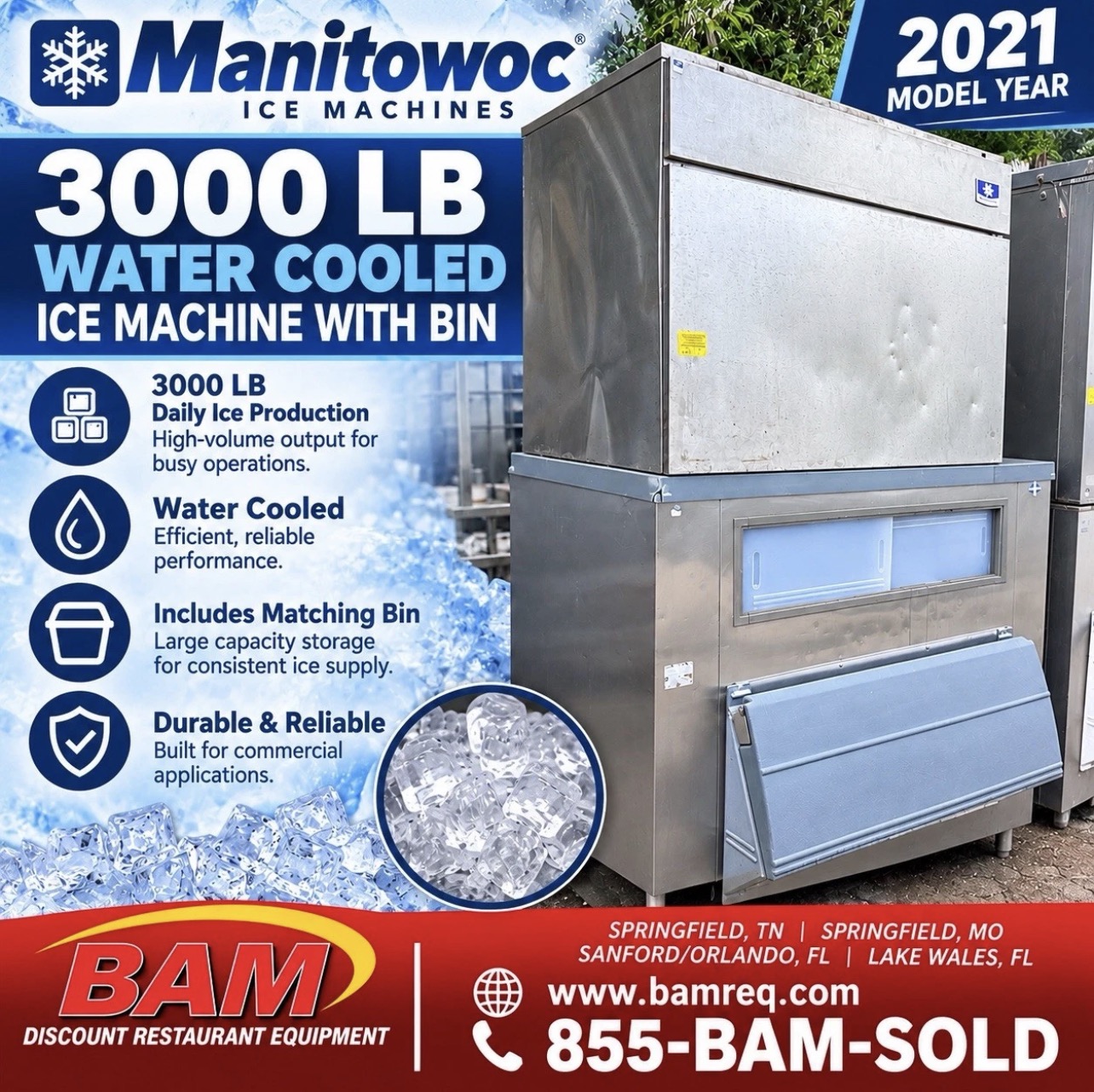 Used MANITOWOC 3000 LB COMMERCIAL WATER-COOLED ICE MACHINE WITH LARGE STORAGE BIN – 2021