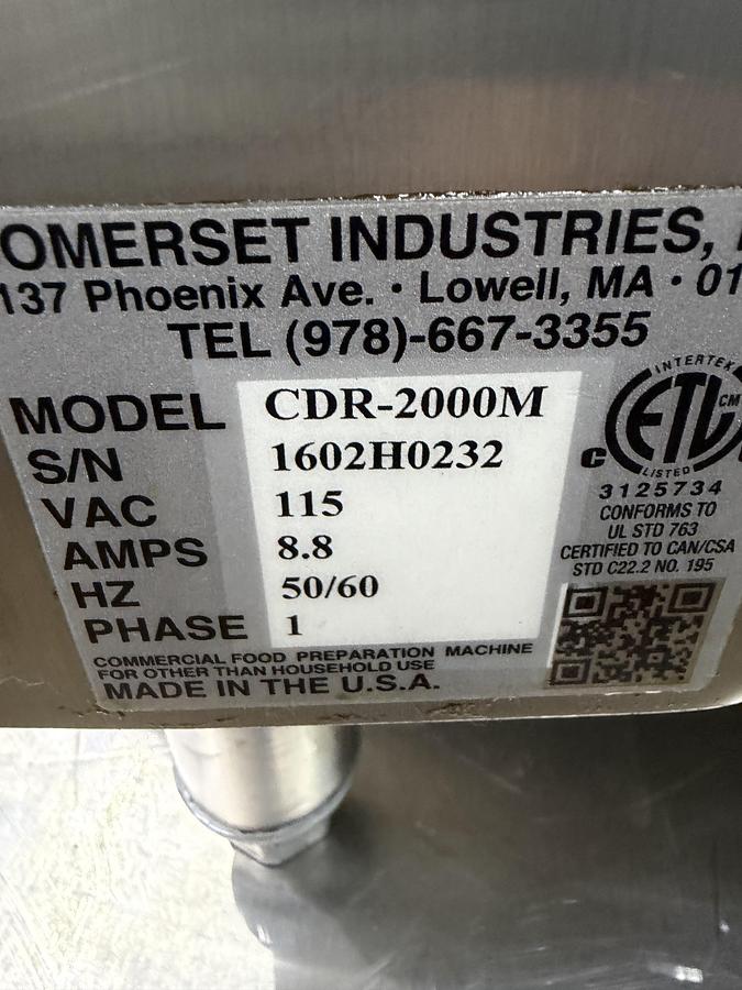 Used Somerset CDR-2000M 20" Dough Sheeter – Commercial Countertop Dough Roller – 115V – Tested & Working