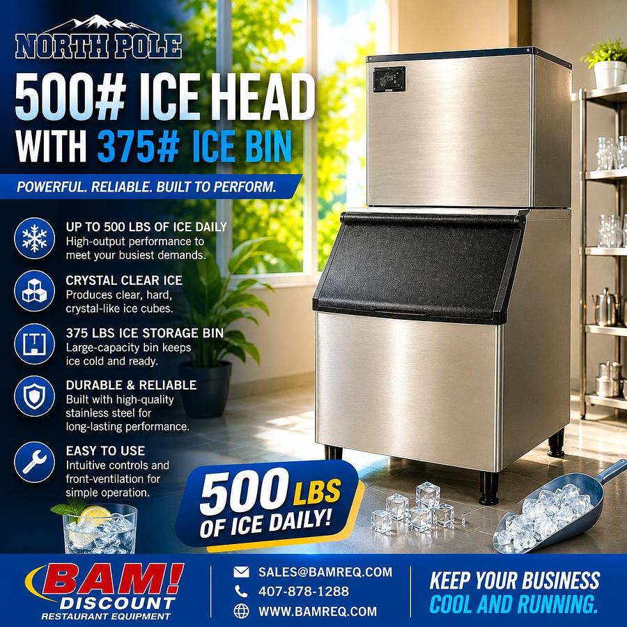 North Pole 500 lb Commercial Ice Machine with 375 lb Storage Bin – Stainless Steel – Air Cooled – 115V