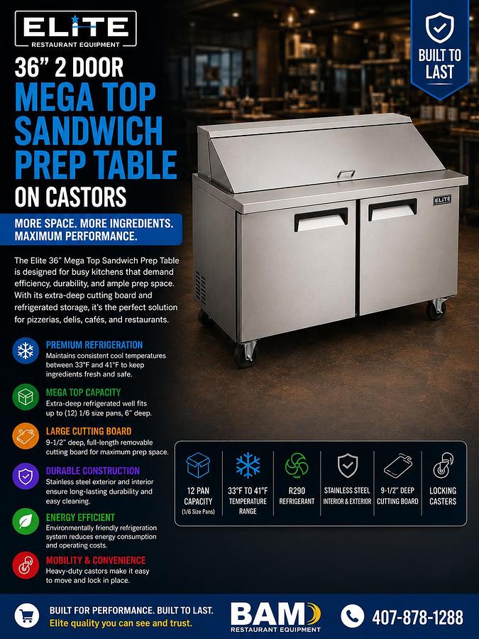 Elite Stainless Steel 2 Door 36" Mega Top Sandwich Prep Table on Castors