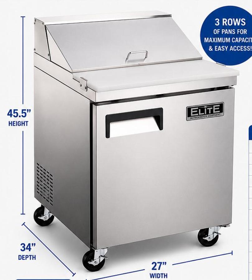 Elite Stainless Steel Single Door 27" Mega Top Sandwich Prep Table on Castors