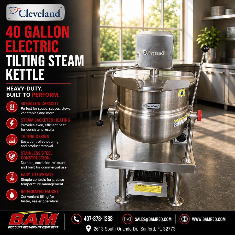 Refurbished Cleveland 40 Gallon Electric Tilting Steam Jacketed Kettle Commercial Floor Model