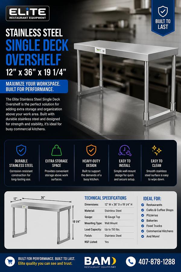 Elite Stainless Steel Single Deck Overshelf - 12" x 36" x 19 1/4"