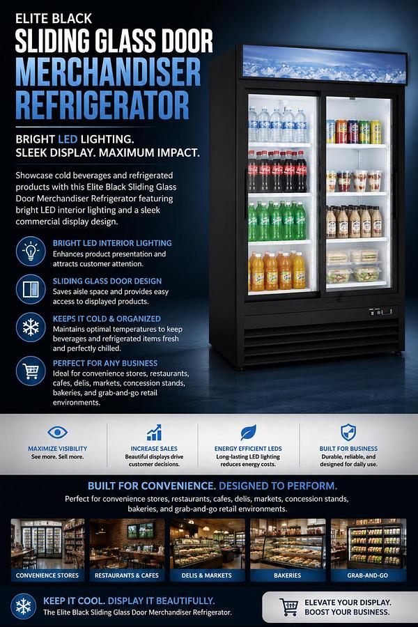 Elite Black Sliding Glass Door Merchandiser Refrigerator with LED Lighting