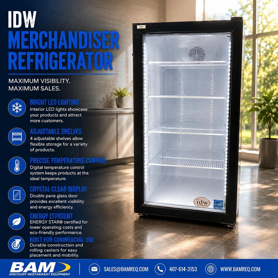 Used IDW Glass Door Merchandiser Refrigerator – Commercial Display Cooler – LED Lighting – Black Frame – 115V