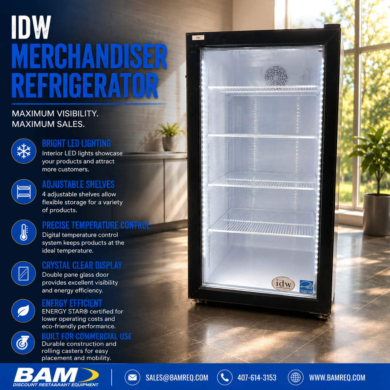 Used IDW Glass Door Merchandiser Refrigerator – Commercial Display Cooler – LED Lighting – Black Frame – 115V
