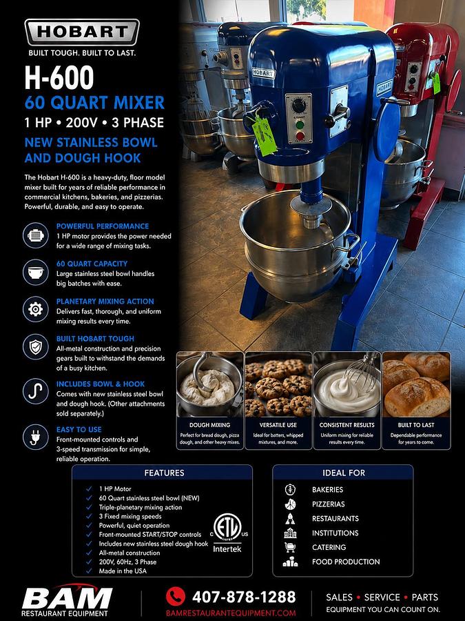 Used Hobart H-600 60 Qt Mixer 1HP - 3Ph - 200v New Stainless Bowl And Dough Hook