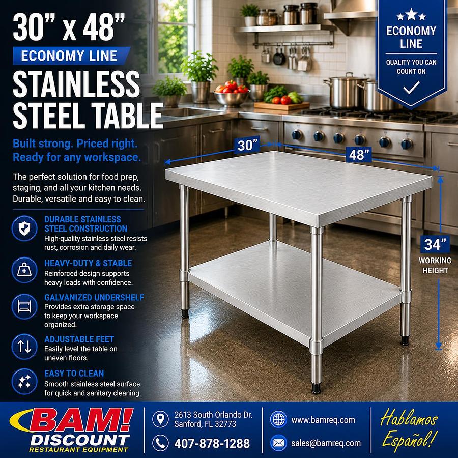 30"x48" Economy Line Stainless Steel Table
