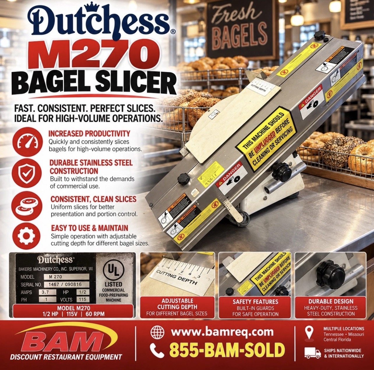Refurbished Dutchess M270 Commercial Electric Bagel Slicer – 115V – 1/2 HP