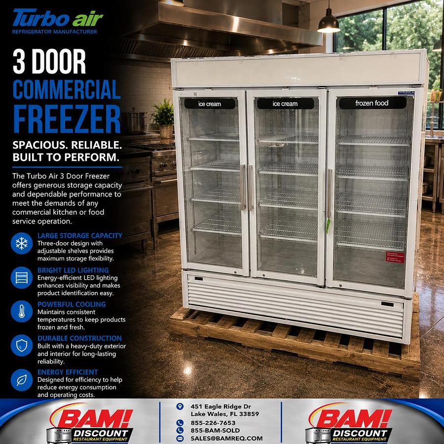 Refurbished Turbo Air 3 Door Glass Merchandiser Freezer Commercial Reach-In Display Freezer