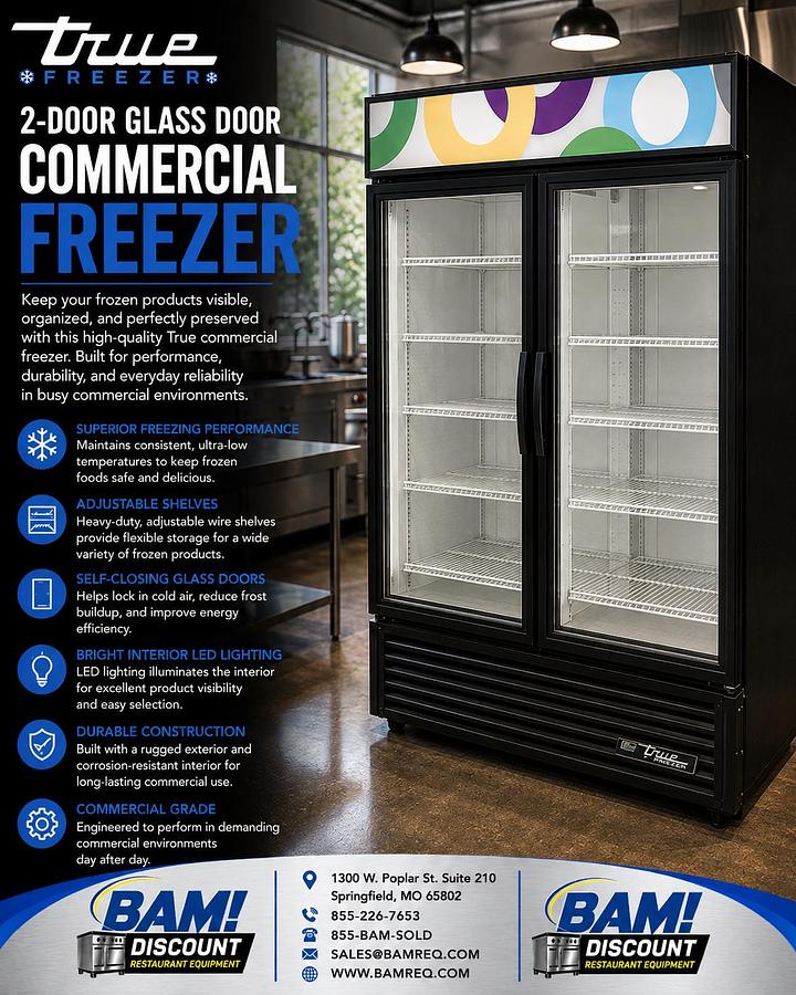 Refurbished TRUE 2 Door Glass Door Commercial Freezer Merchandiser Reach-In Display