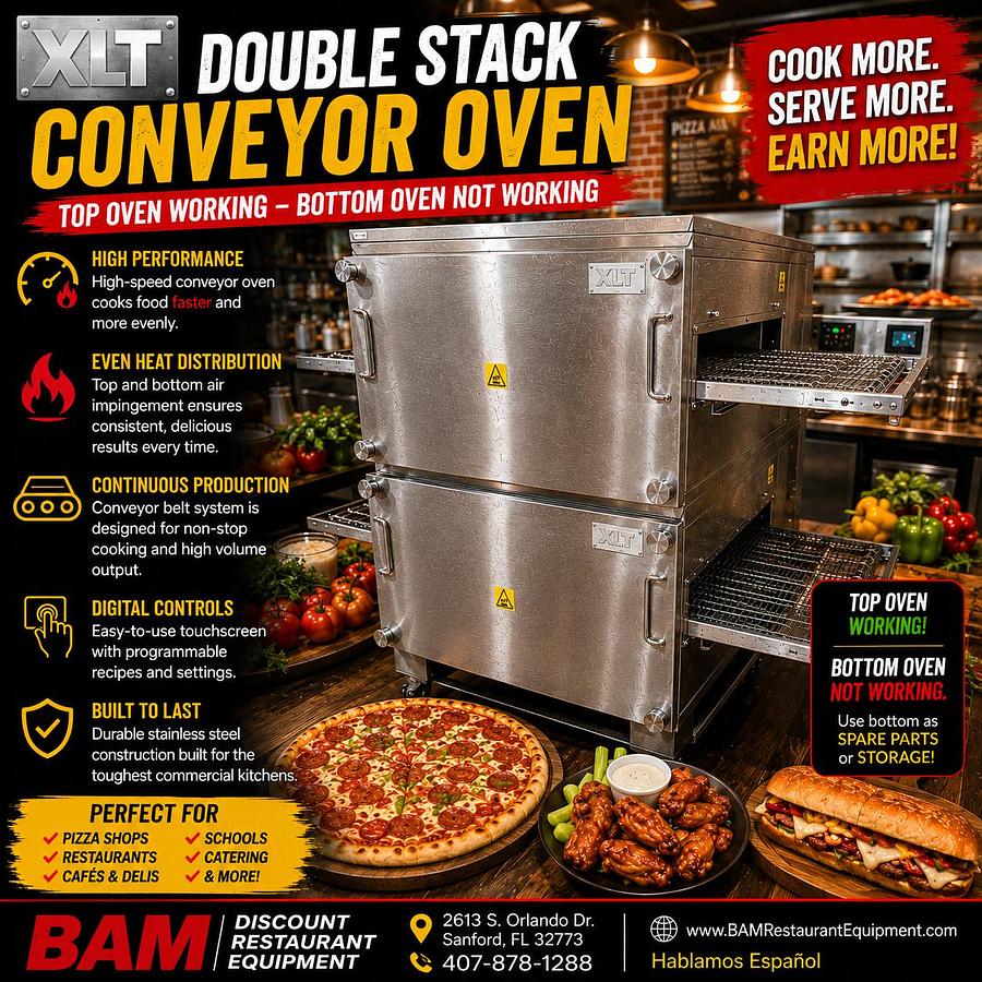 Used XLT Double Stack Conveyor Pizza Oven – Commercial Conveyor Oven – Top Oven Working, Bottom Oven for Parts/Repair
